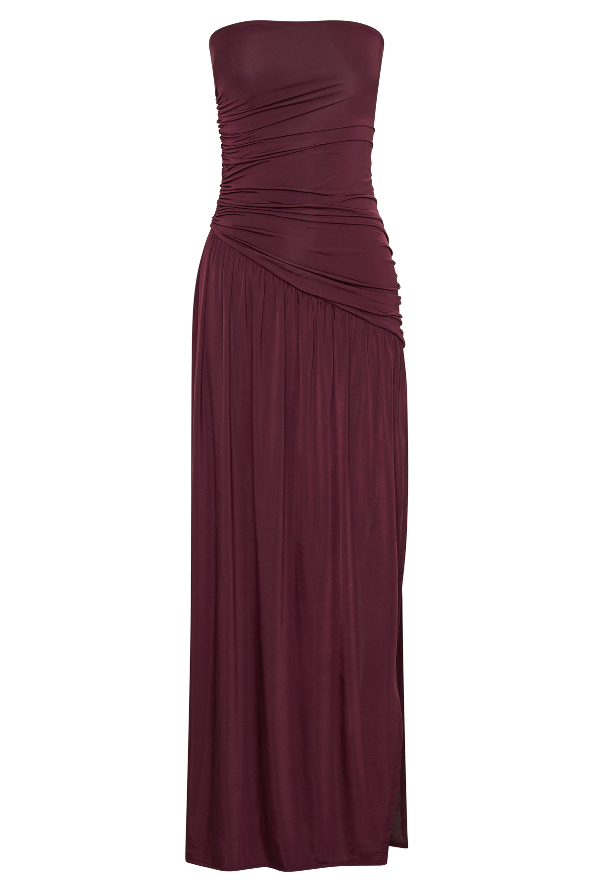 Strapless Slinky Maxi Dress With Split - Burgundy