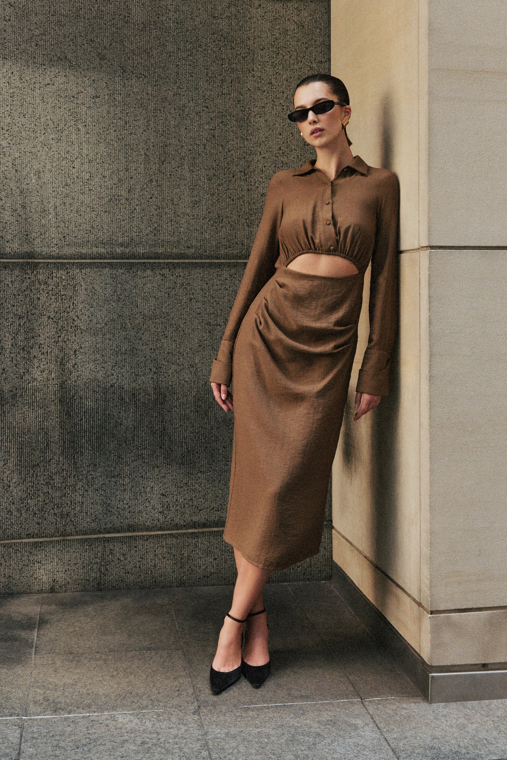 Cut Out Shirt Midi Dress - Dark Chocolate