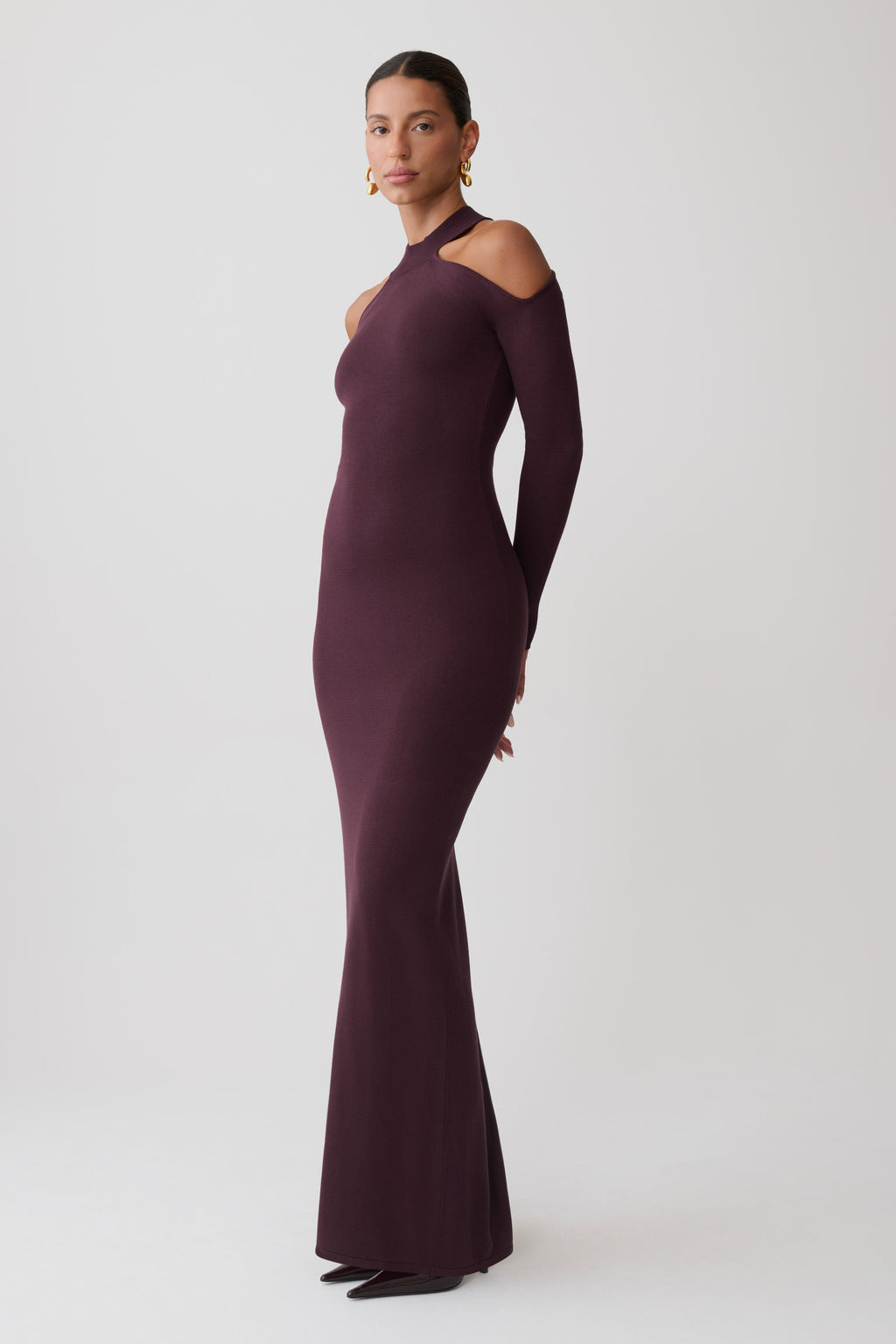 Open Shoulder Maxi Knit Dress - Dark Chocolate