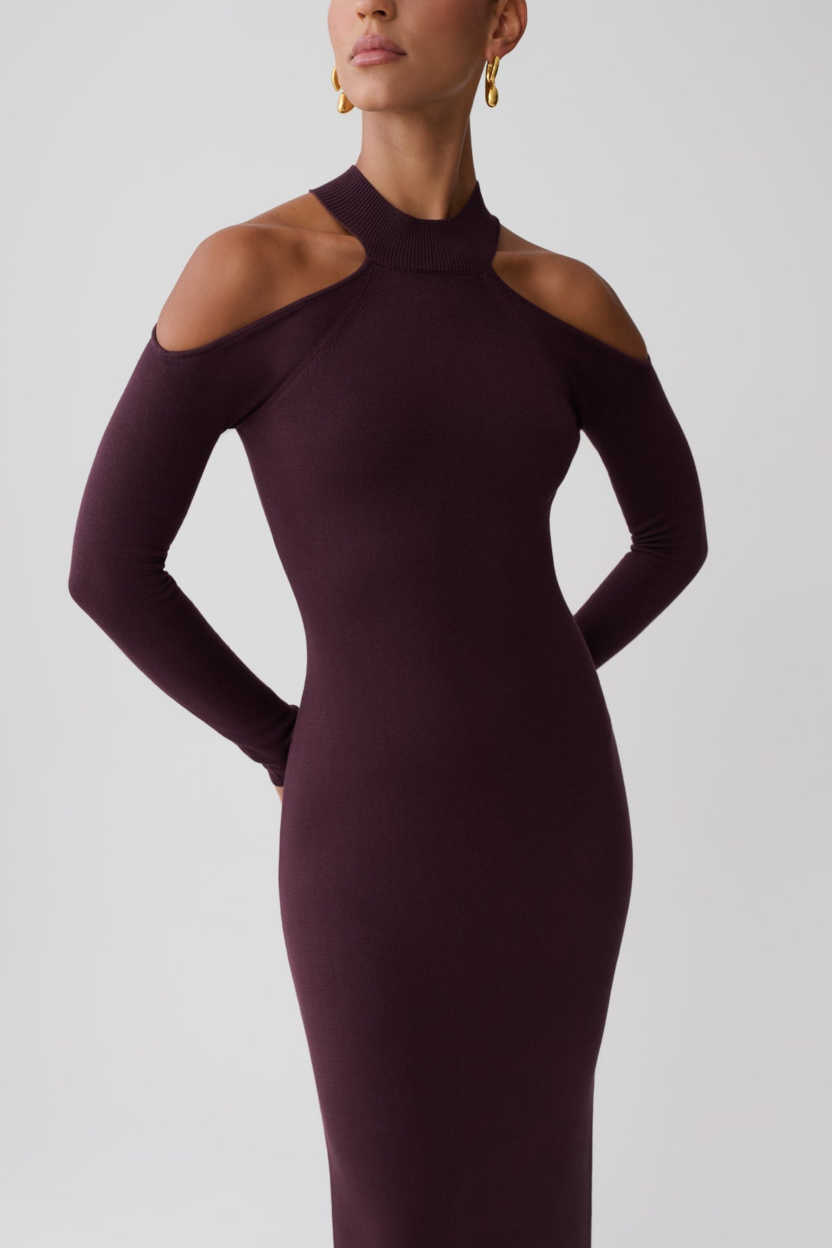 Open Shoulder Maxi Knit Dress - Dark Chocolate