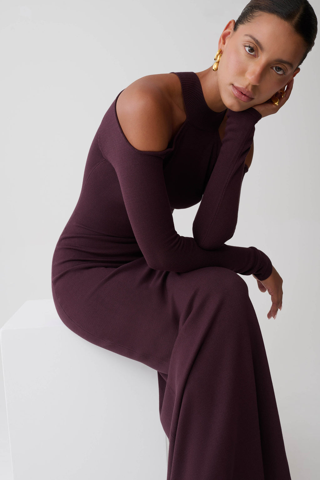 Open Shoulder Maxi Knit Dress - Dark Chocolate