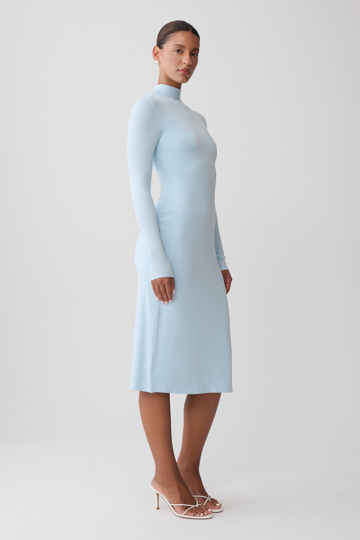 Longsleeve Roll Neck Midi Dress - Pale Blue
