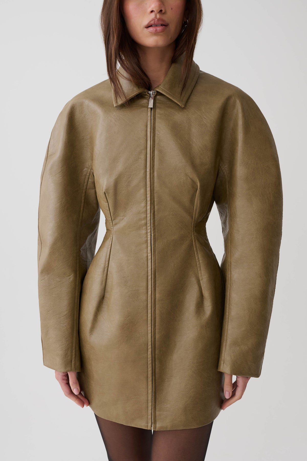 Faux Leather Mini Dress - Khaki