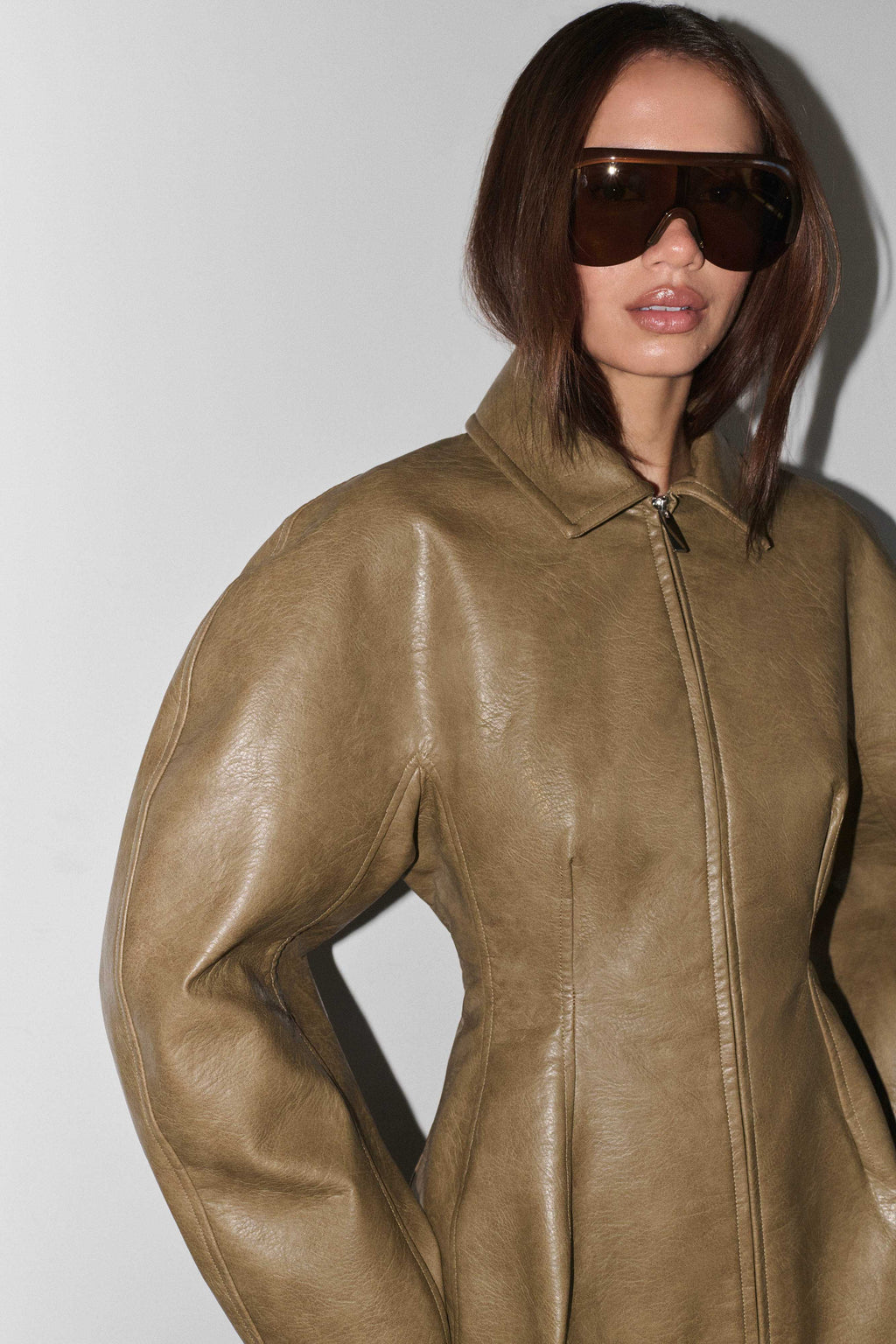 Faux Leather Mini Dress - Khaki