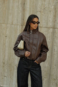 Faux Leather Bomber Jacket - Dark Chocolate