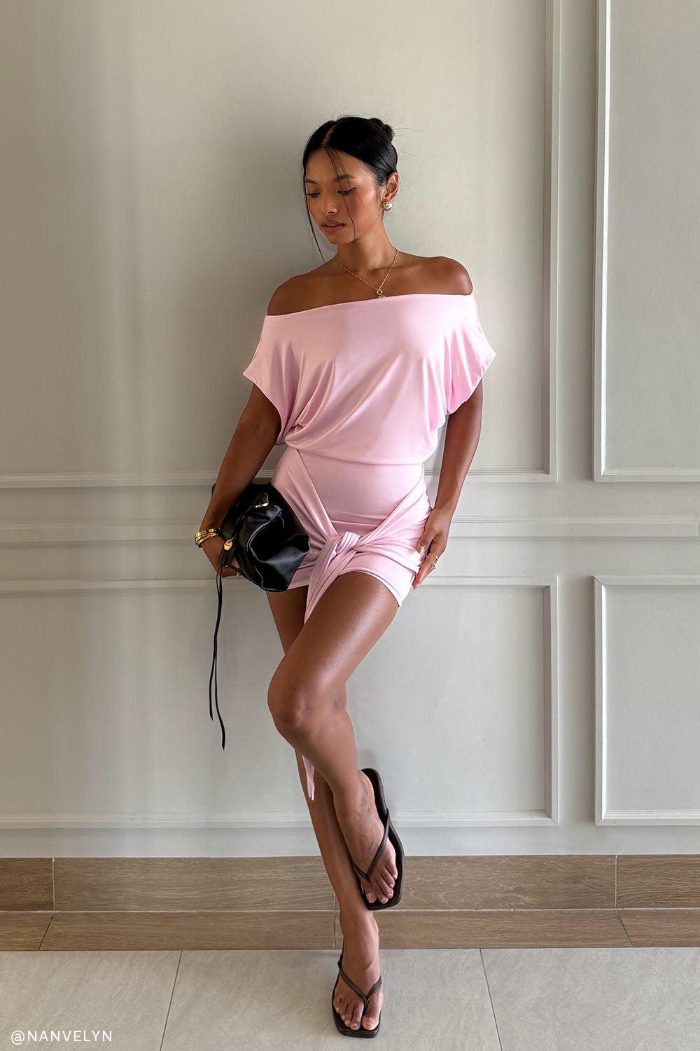 Shortsleeve Slinky Tie Mini Dress - Pink