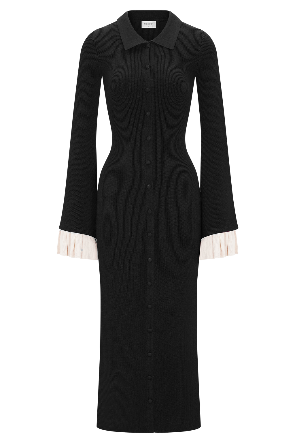 Ruffle Knit Midi Dress - Black