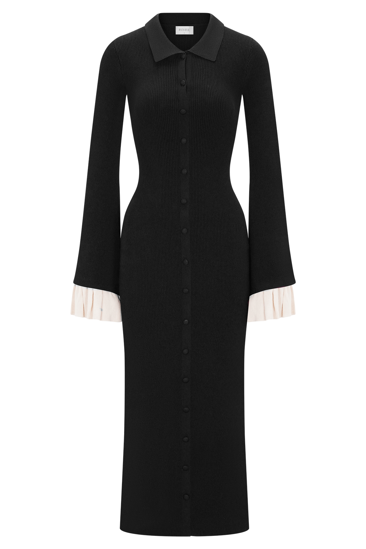 Ruffle Knit Midi Dress - Black