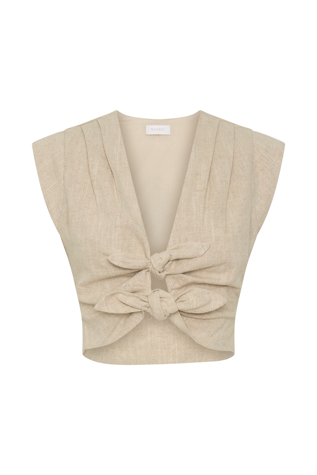 Linen Front Bows Short Sleeve Top - Natural
