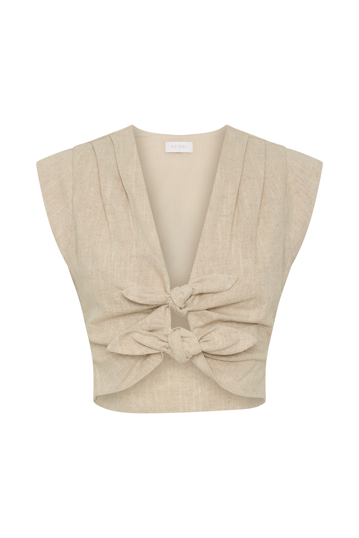 Linen Front Bows Short Sleeve Top - Natural