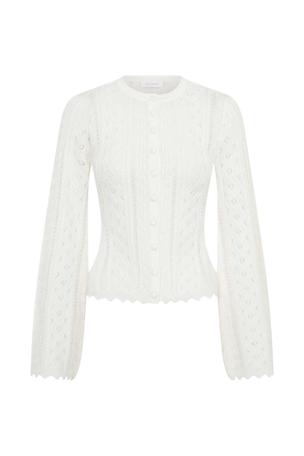Pointelle Knit Long Sleeve Top - White