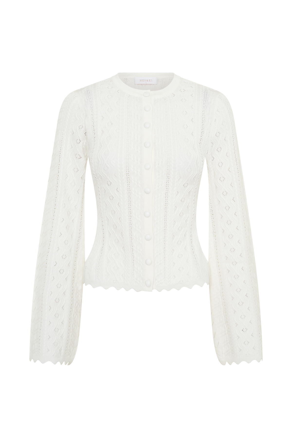 Pointelle Knit Long Sleeve Top - White