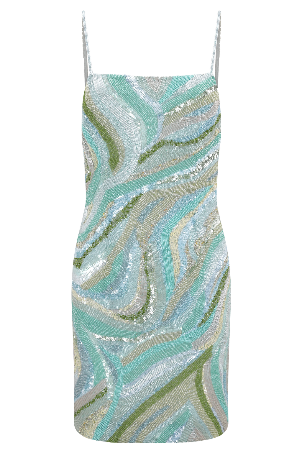 Hand Beaded Mini Dress - Blue Swirl Print