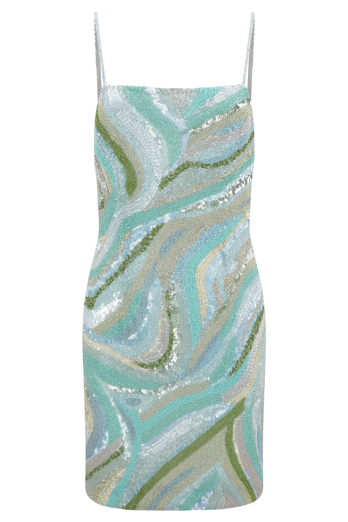 Hand Beaded Mini Dress - Blue Swirl Print