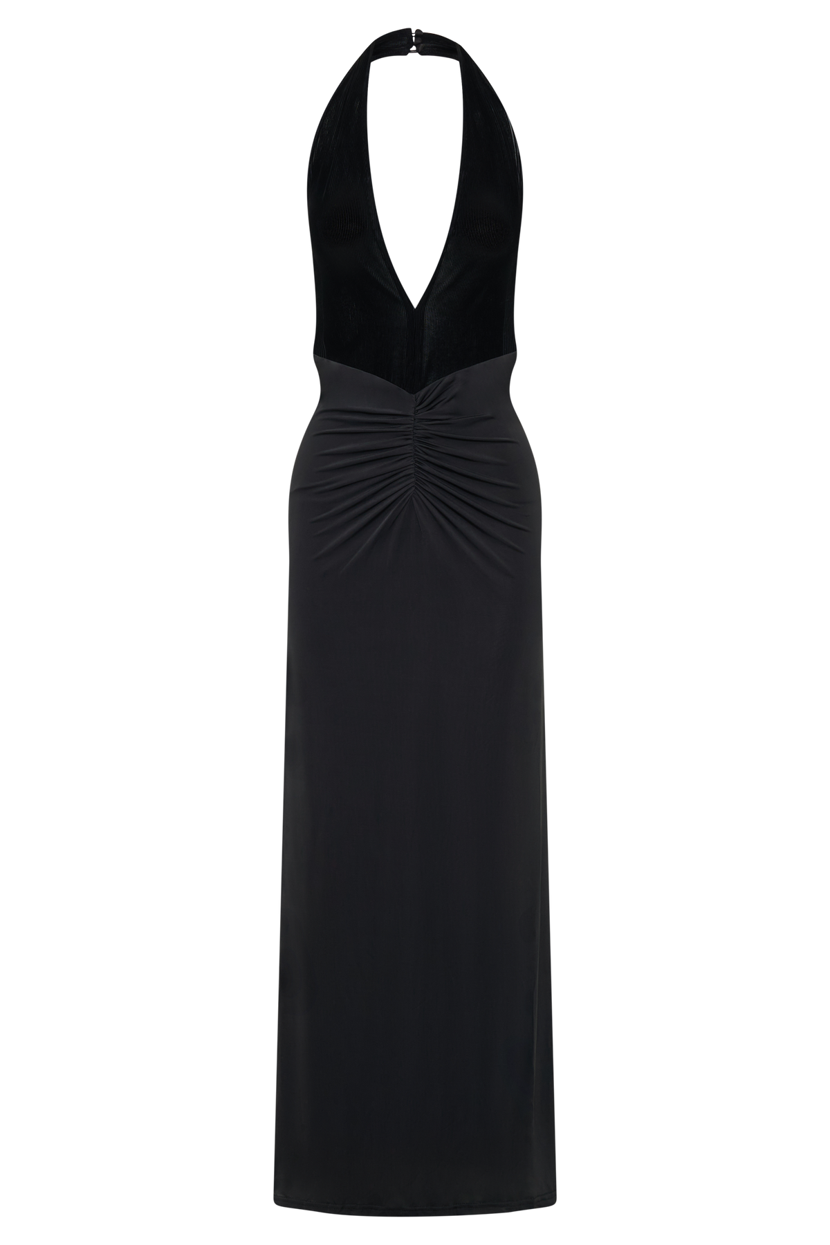 Mesh Velvet Plunge Midi Dress - Black