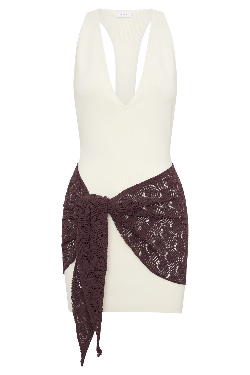Mini Dress With Crochet Overlay - White/Chocolate