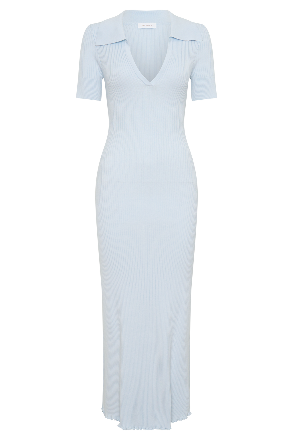 Short Sleeve Collared Knit Midi Dress - Light Blue