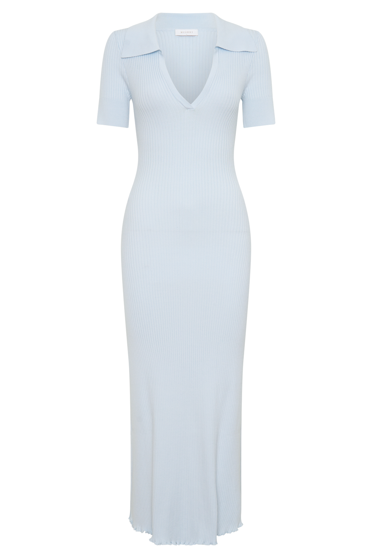 Short Sleeve Collared Knit Midi Dress - Light Blue
