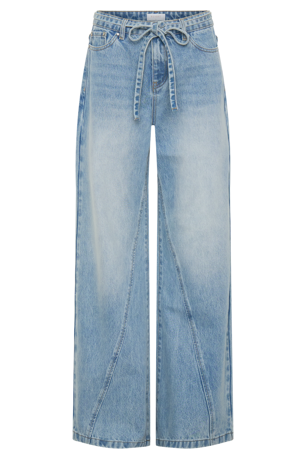 Mid Rise Straight Leg Tie Jeans - Washed Light Blue