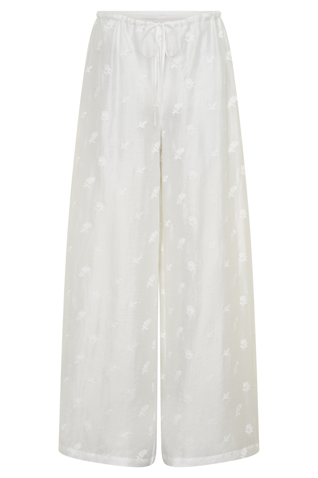 Tie Waist Embroidered Pant - White