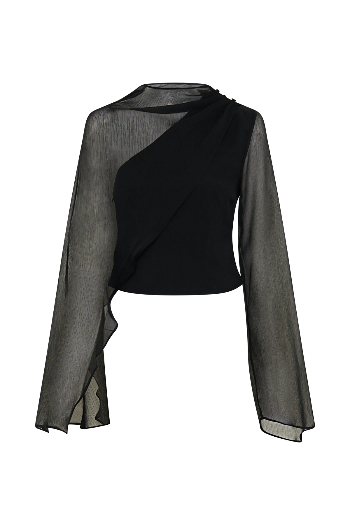 Sheer Asymmetrical Long Sleeve Cape - Black