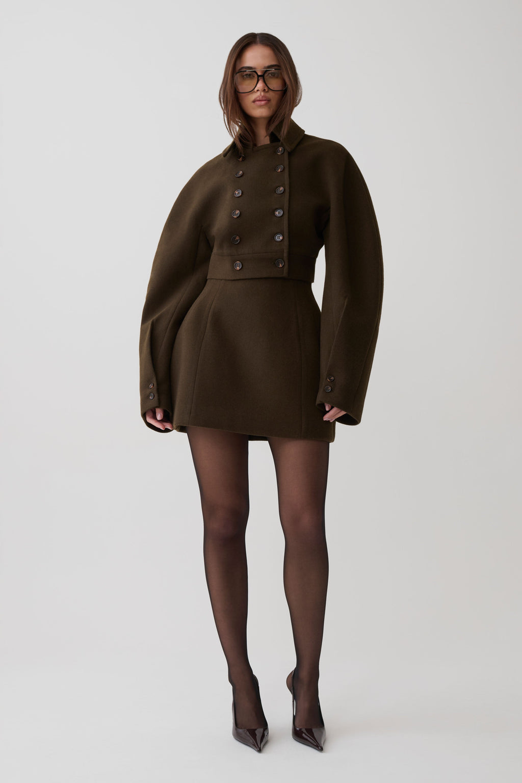 Wool Blend Cropped Jacket - Chocolate