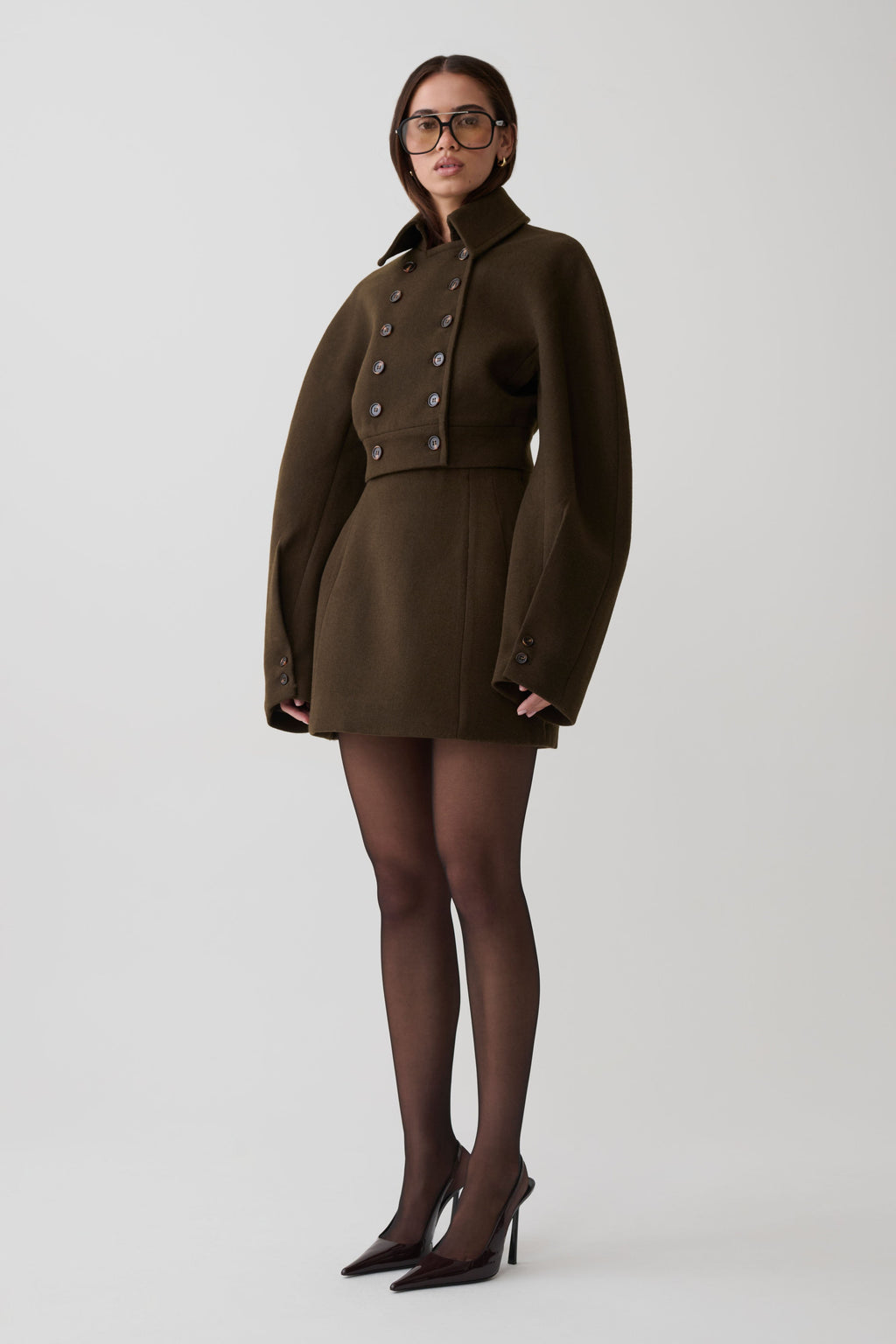 Wool Blend Cropped Jacket - Chocolate