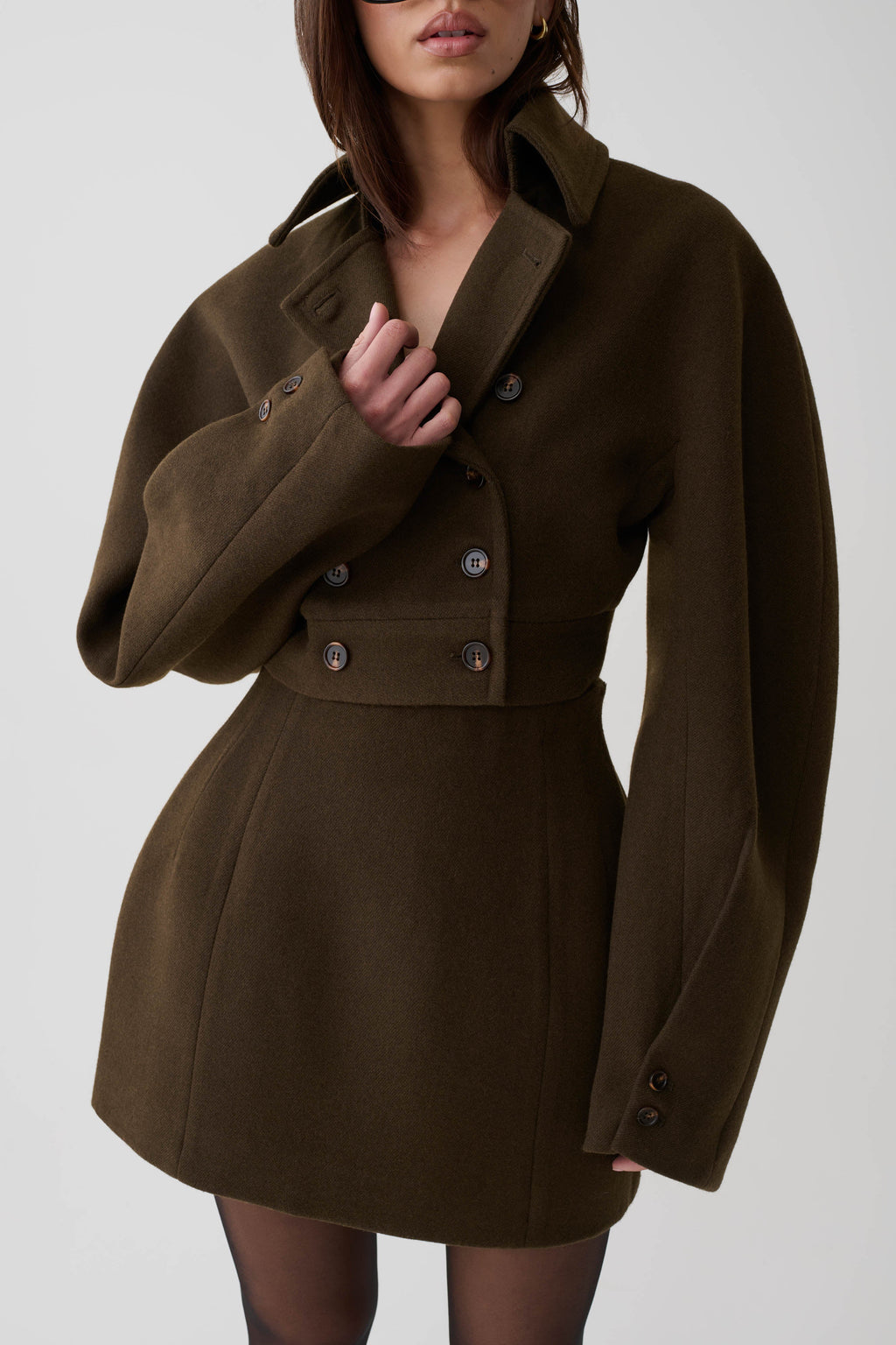 Wool Blend Cropped Jacket - Chocolate