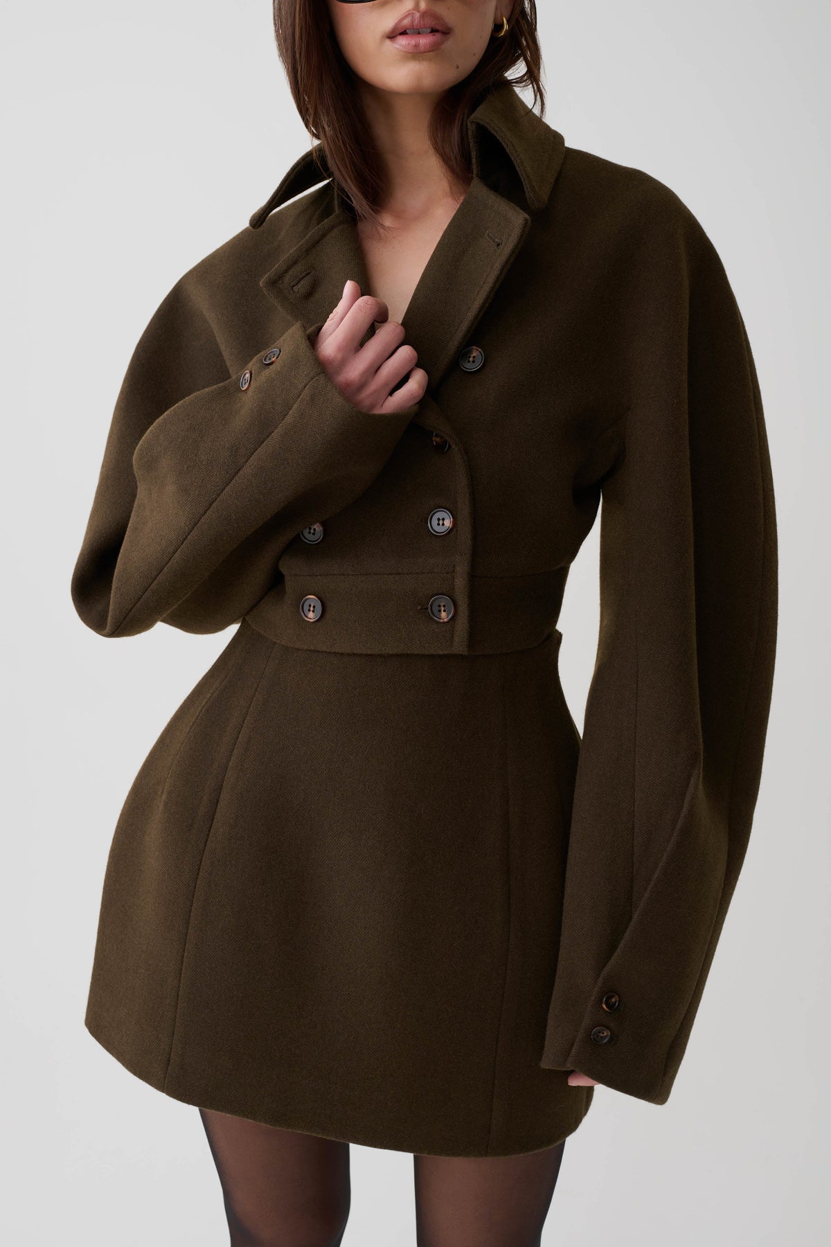 Wool Blend Cropped Jacket - Chocolate