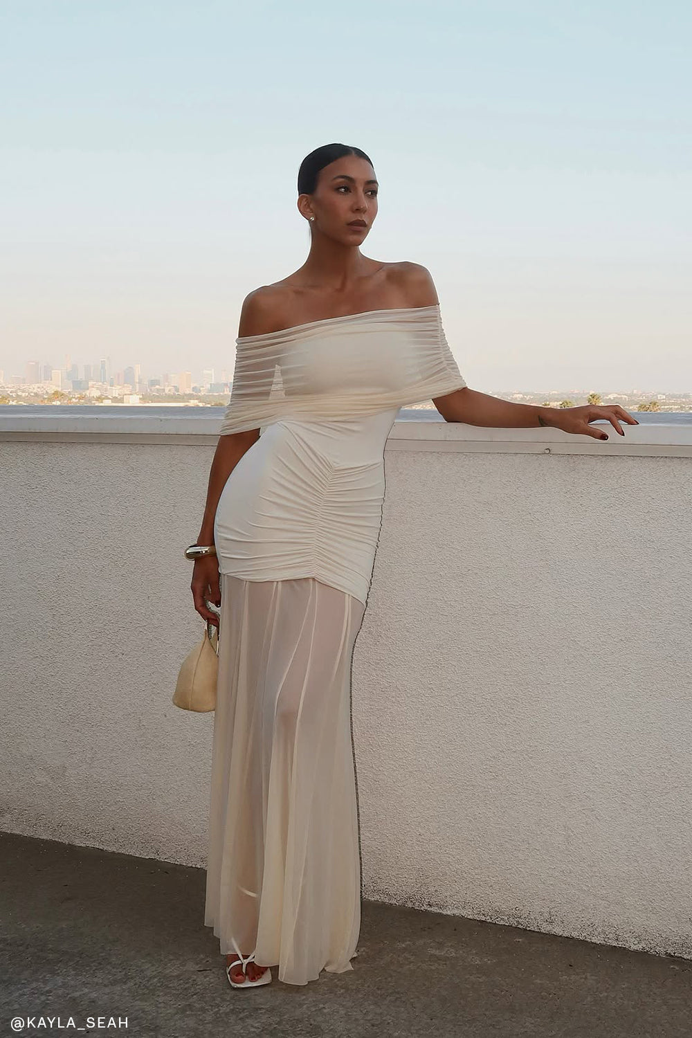 Slinky And Mesh Off Shoulder Maxi Dress - Ivory