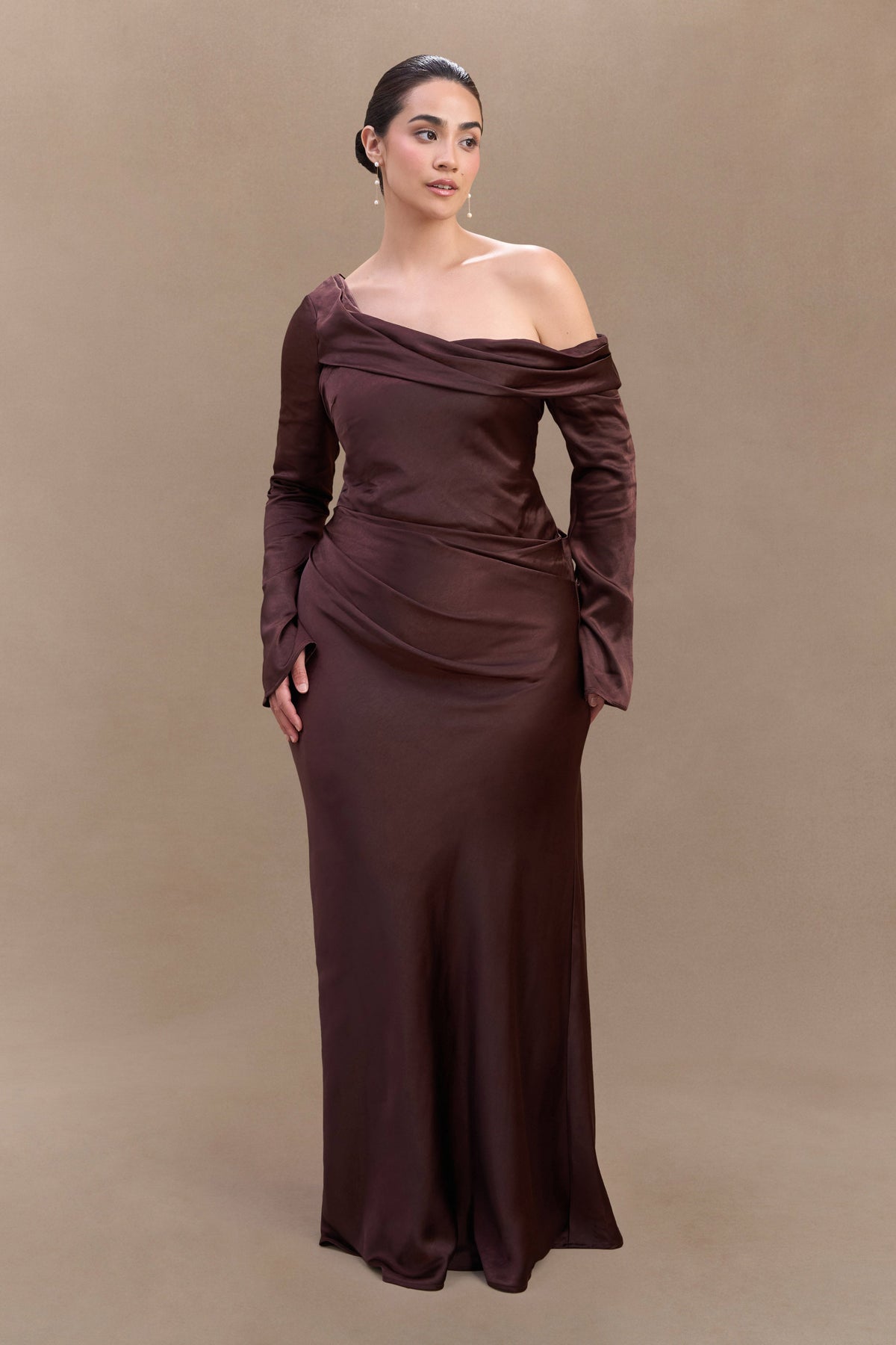 Long Sleeve Satin Maxi Dress - Dark Chocolate
