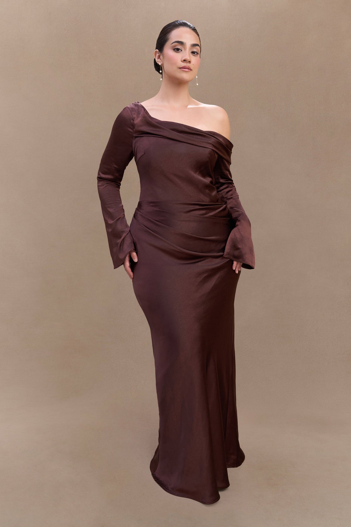 Long Sleeve Satin Maxi Dress - Dark Chocolate