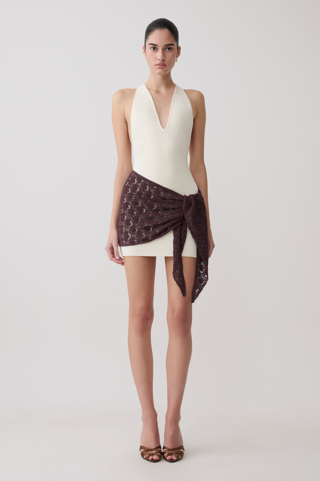 Mini Dress With Crochet Overlay - White/Chocolate