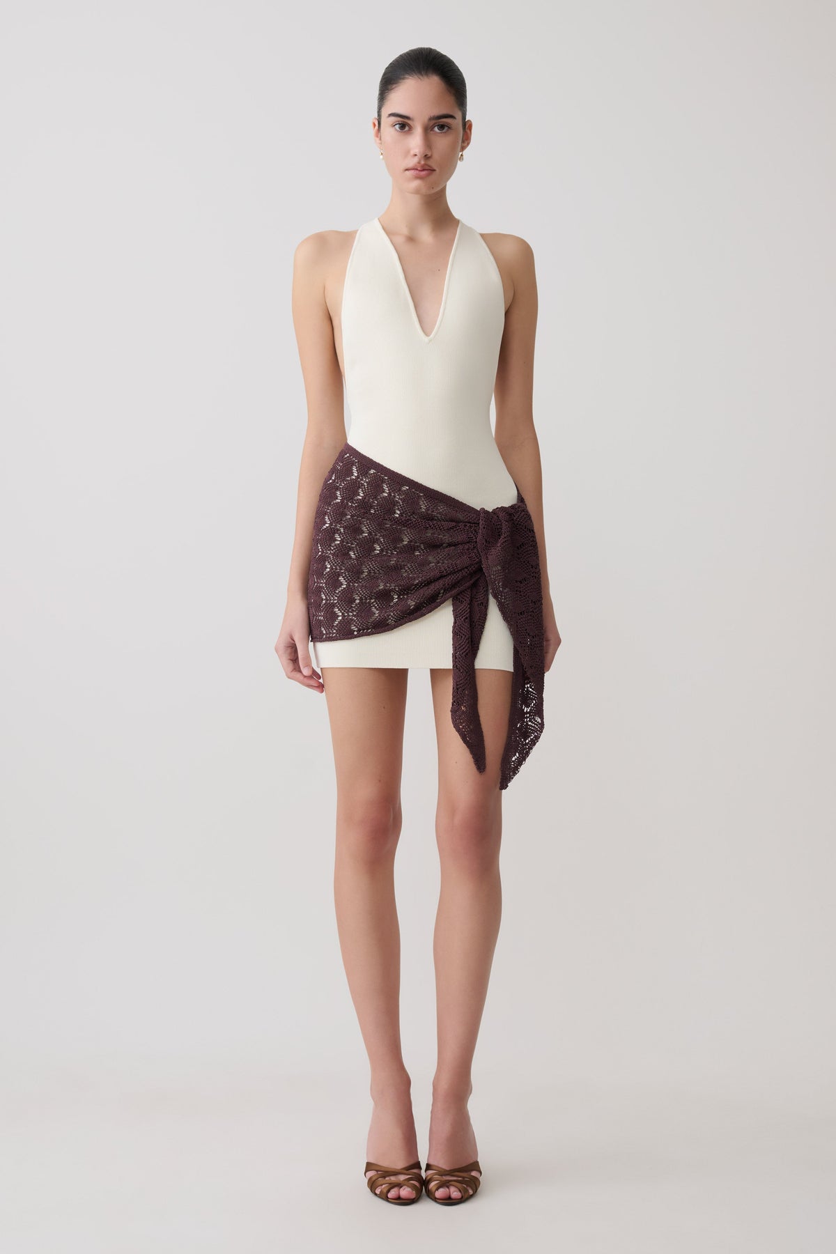 Mini Dress With Crochet Overlay - White/Chocolate