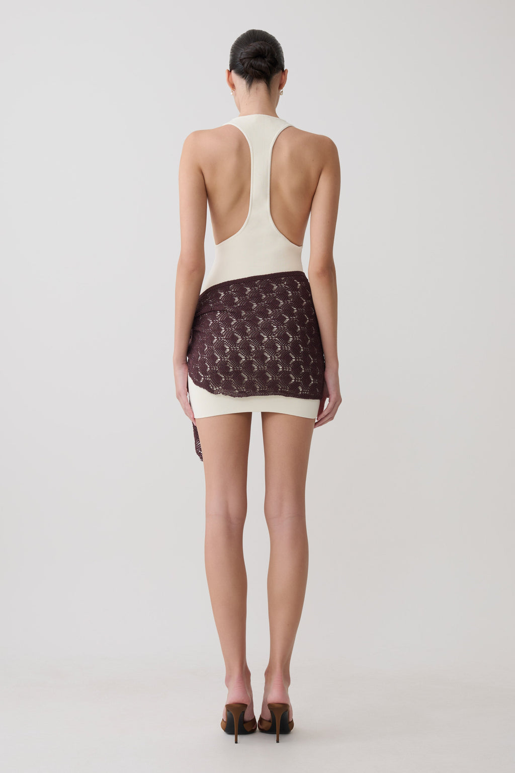 Mini Dress With Crochet Overlay - White/Chocolate