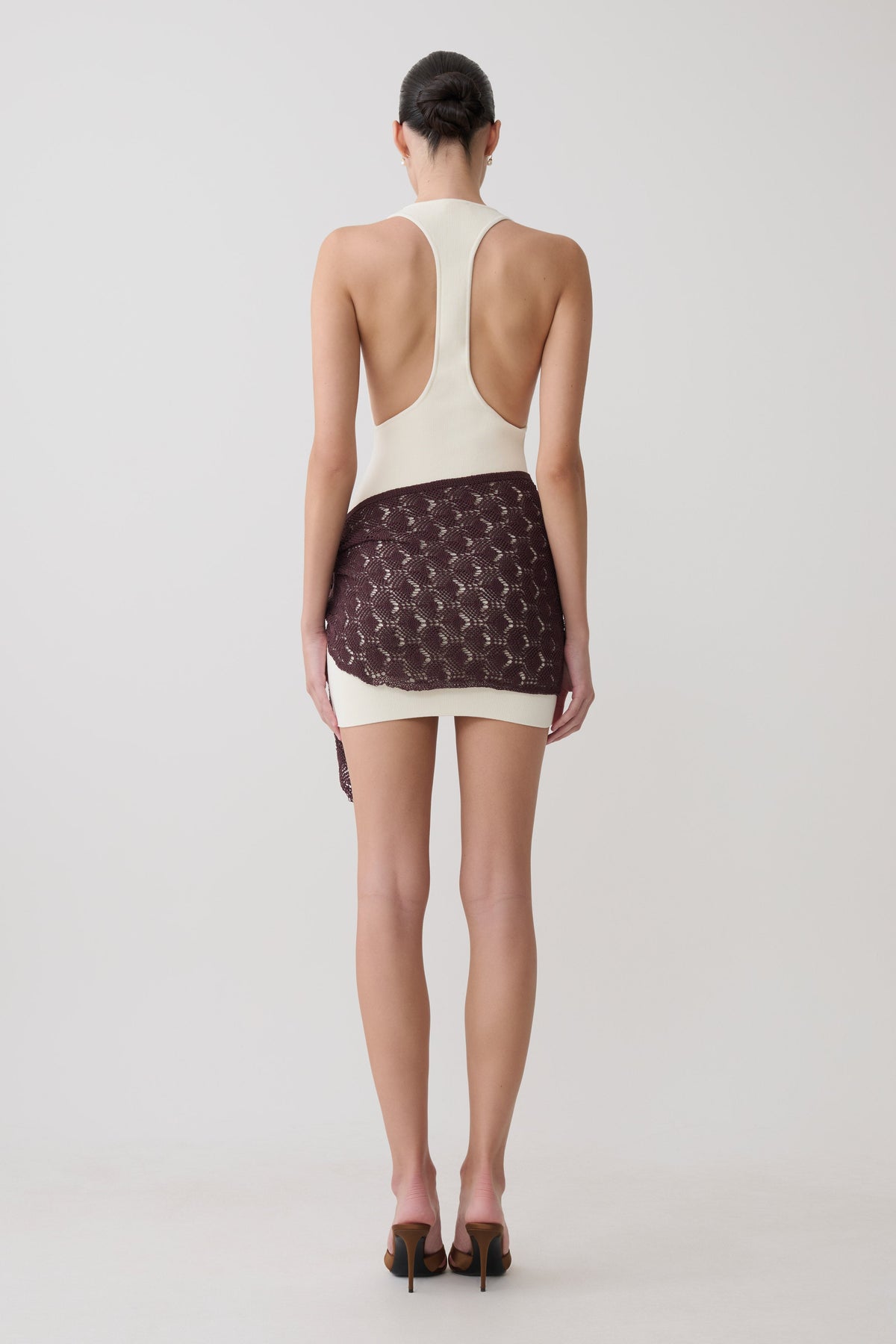 Mini Dress With Crochet Overlay - White/Chocolate