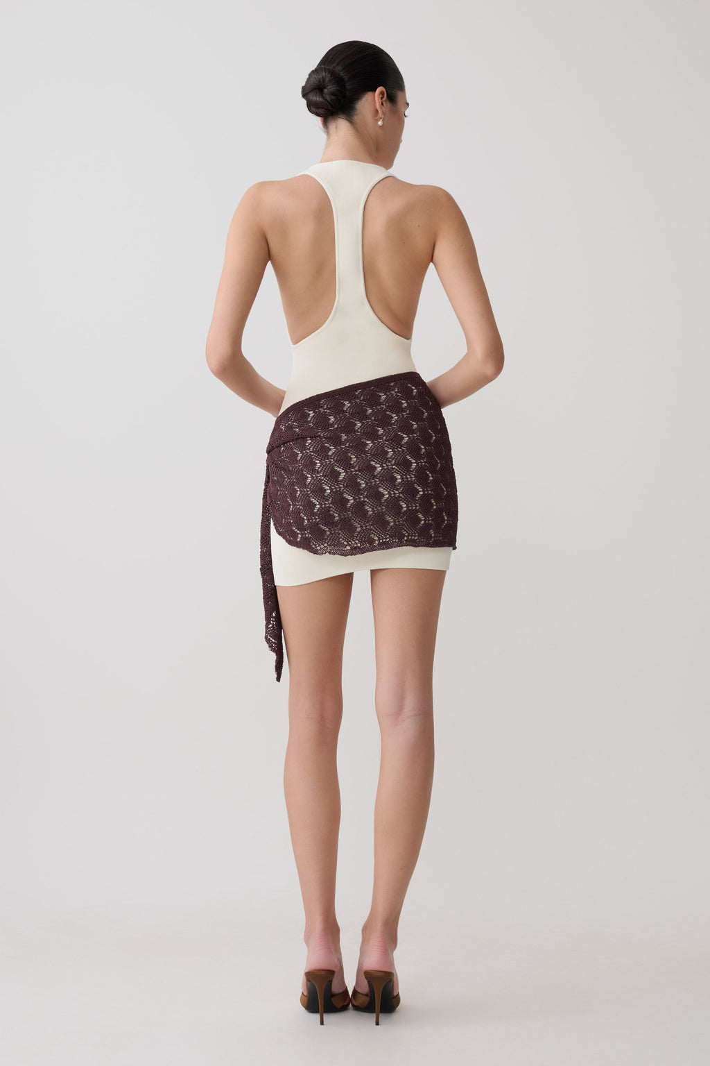 Mini Dress With Crochet Overlay - White/Chocolate