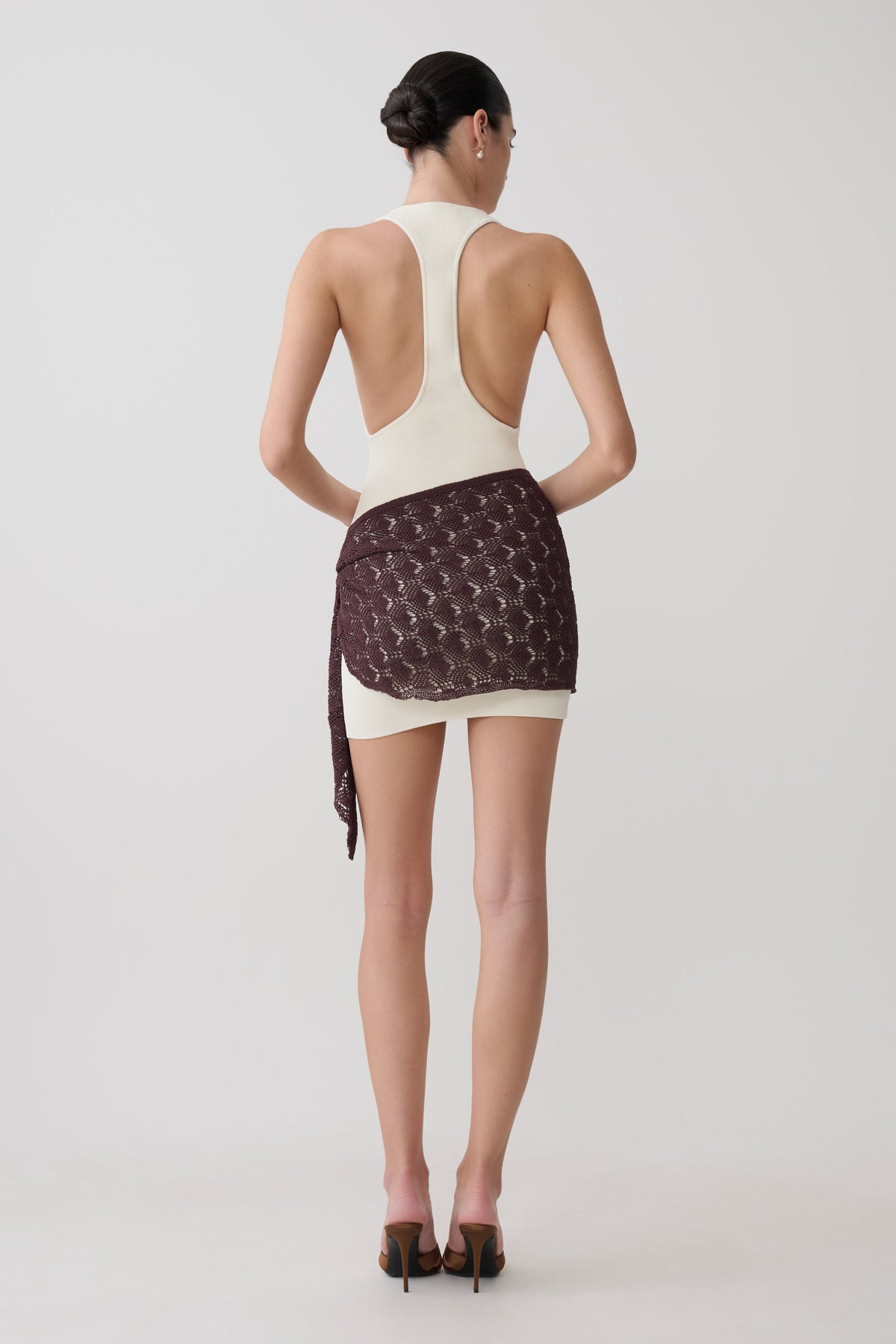 Mini Dress With Crochet Overlay - White/Chocolate