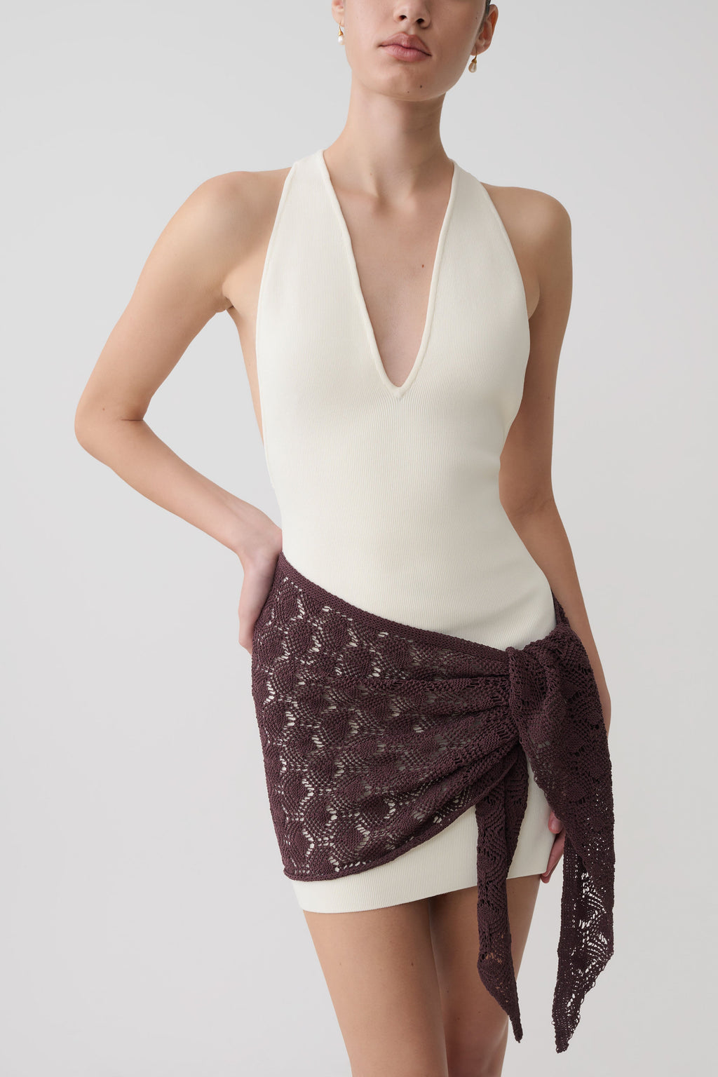 Mini Dress With Crochet Overlay - White/Chocolate