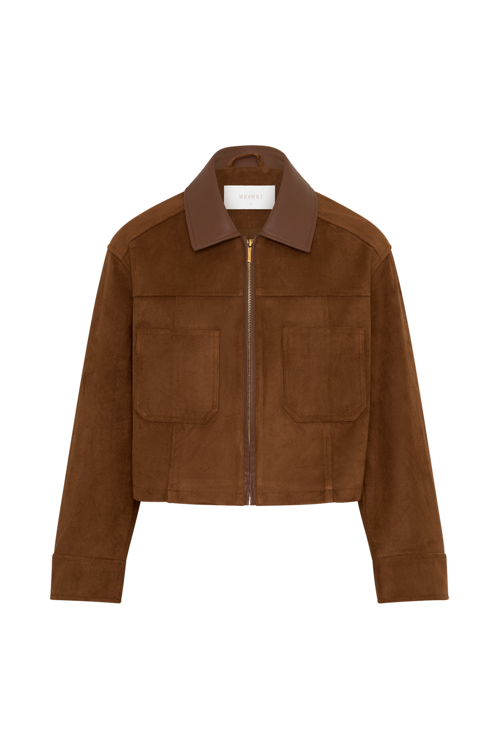 Faux Suede & Leather Collared Jacket - Tan