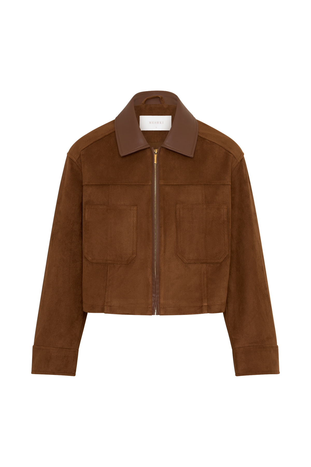Faux Suede & Leather Collared Jacket - Tan