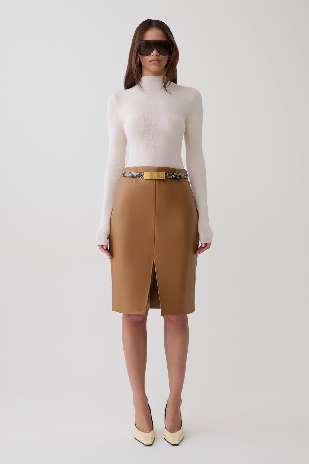 Faux Leather Midi Skirt - Cognac
