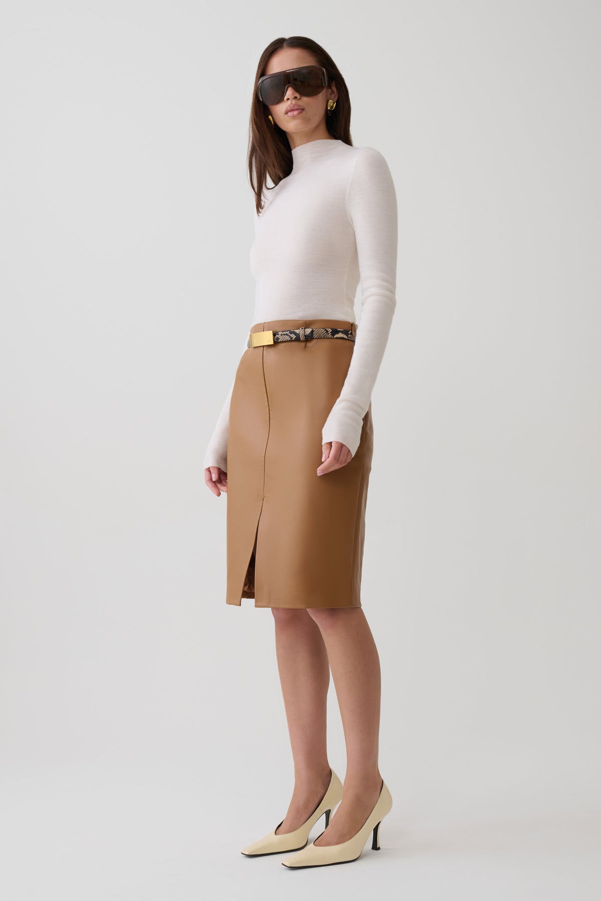 Faux Leather Midi Skirt - Cognac