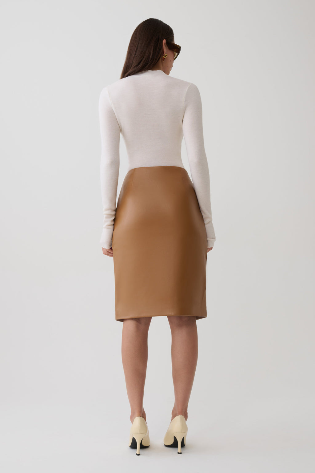 Faux Leather Midi Skirt - Cognac