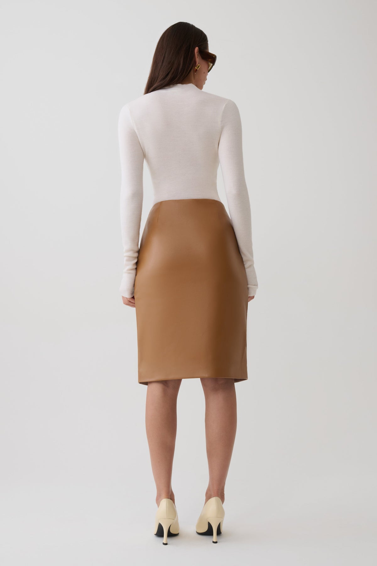 Faux Leather Midi Skirt - Cognac