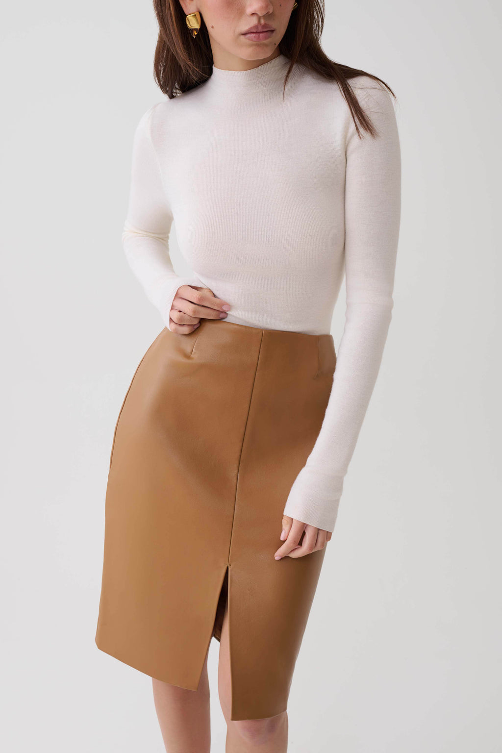 Faux Leather Midi Skirt - Cognac