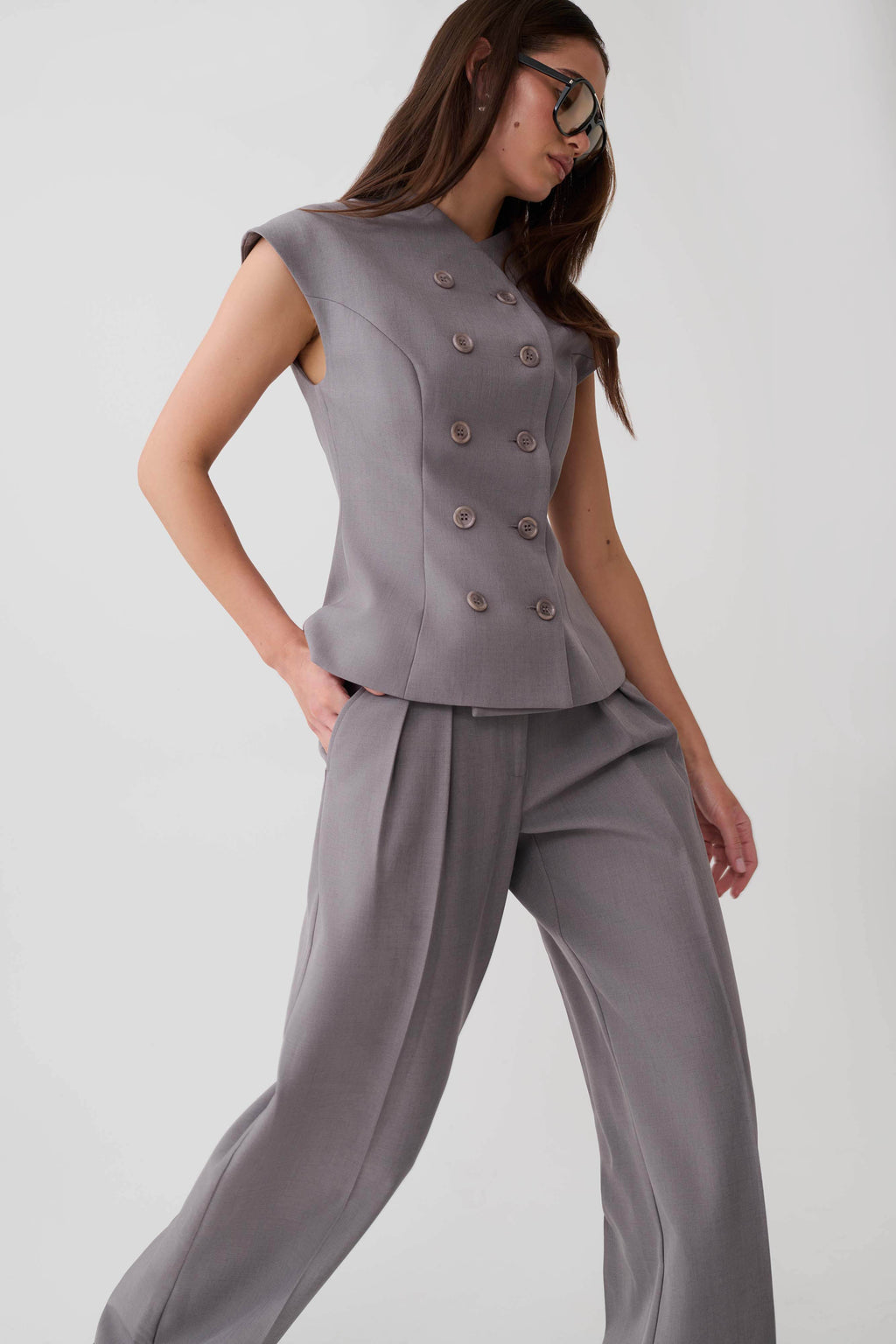 Double Breasted Vest - Light Grey Marle